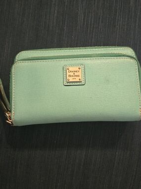Dooney & Bourke Mint Green Zip Wallet with Gold Logo Plaque